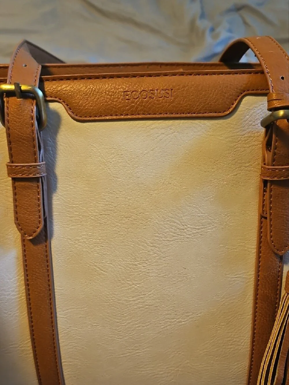 Structured Two-Tone Top-Handle Satchel - Beige and Tan